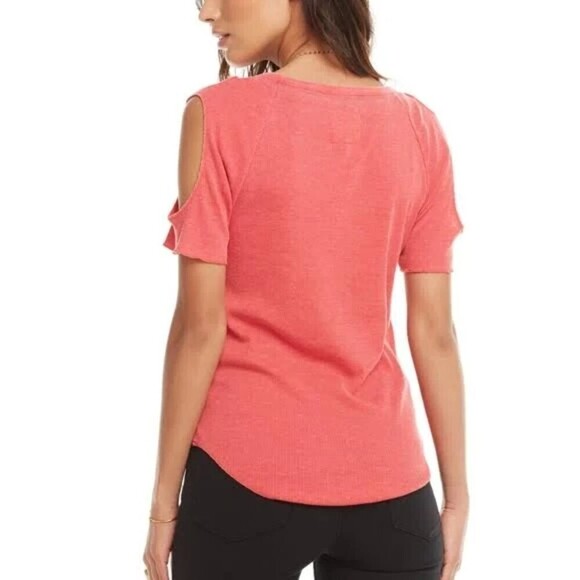 NWT CHASER Vintage Pink Ribbed Scoop Neck Cold Shoulder Short Sleeve Top Medium - Picture 2 of 7